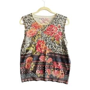 Johnny Was Floral Leopard Print Sweater Vest Cotton Cashmere Blend XL Luxury